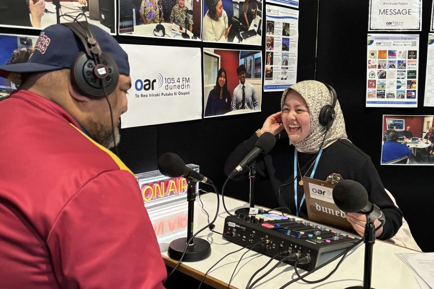 Teira Dean and Arina Aizal recording at the Polyfest Village Stalls 2024