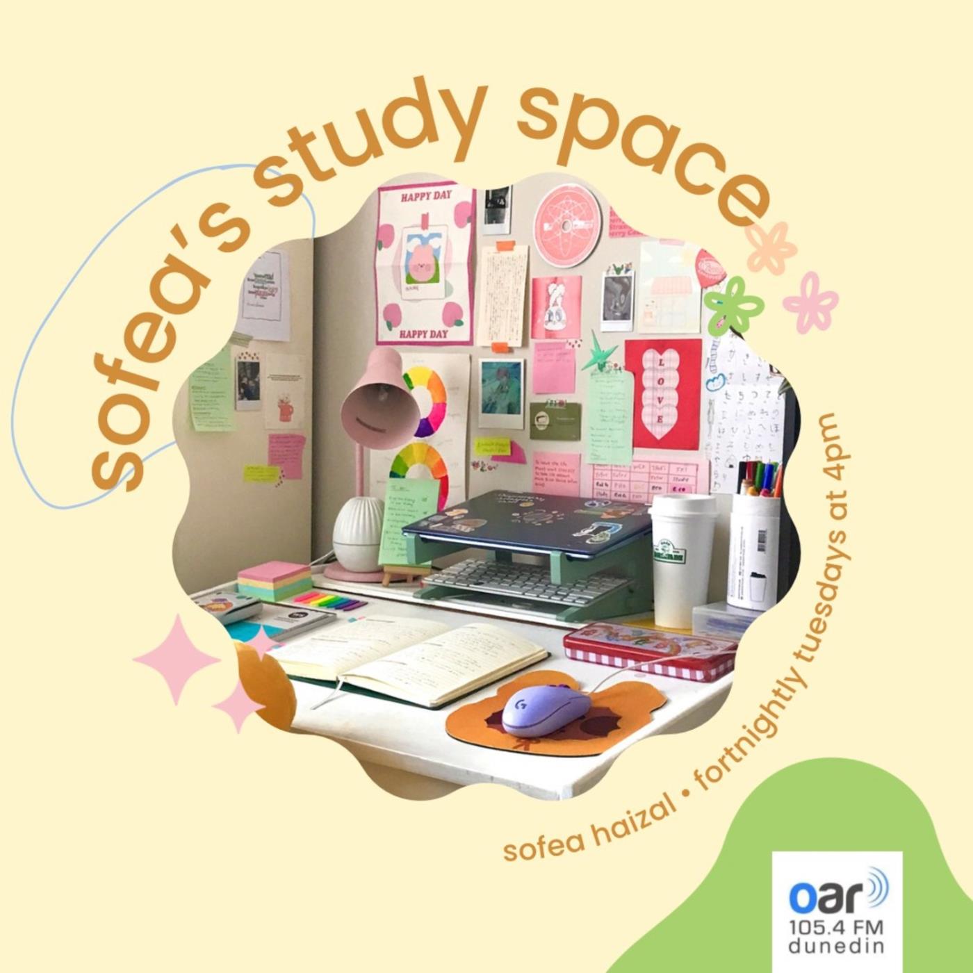 Sofea's Study Space Podcast Image featuring an image of a desk with stationery on it.