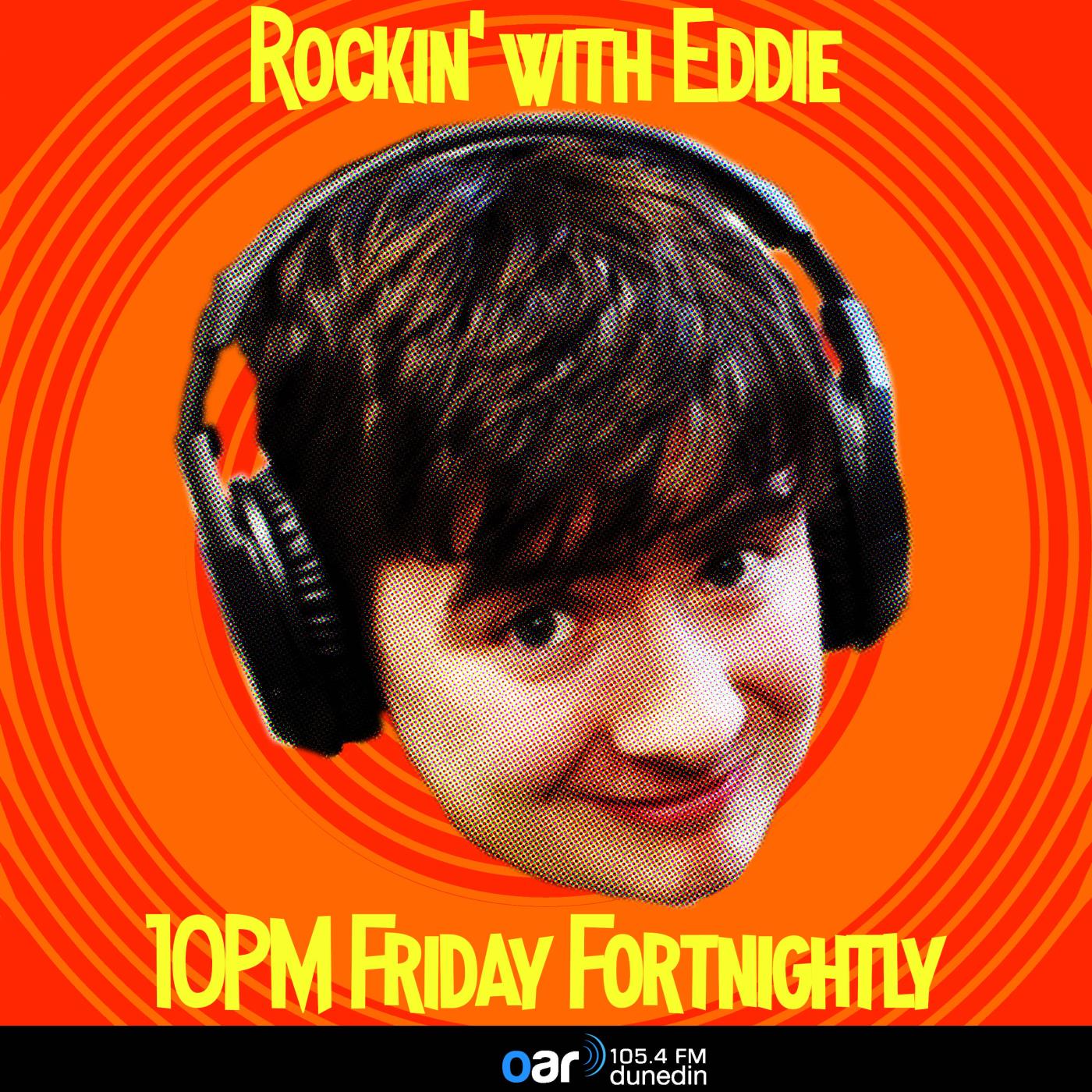 Rockin With Eddie Podcast Image featuring a comic-book style image of Eddie's head with headphones on.