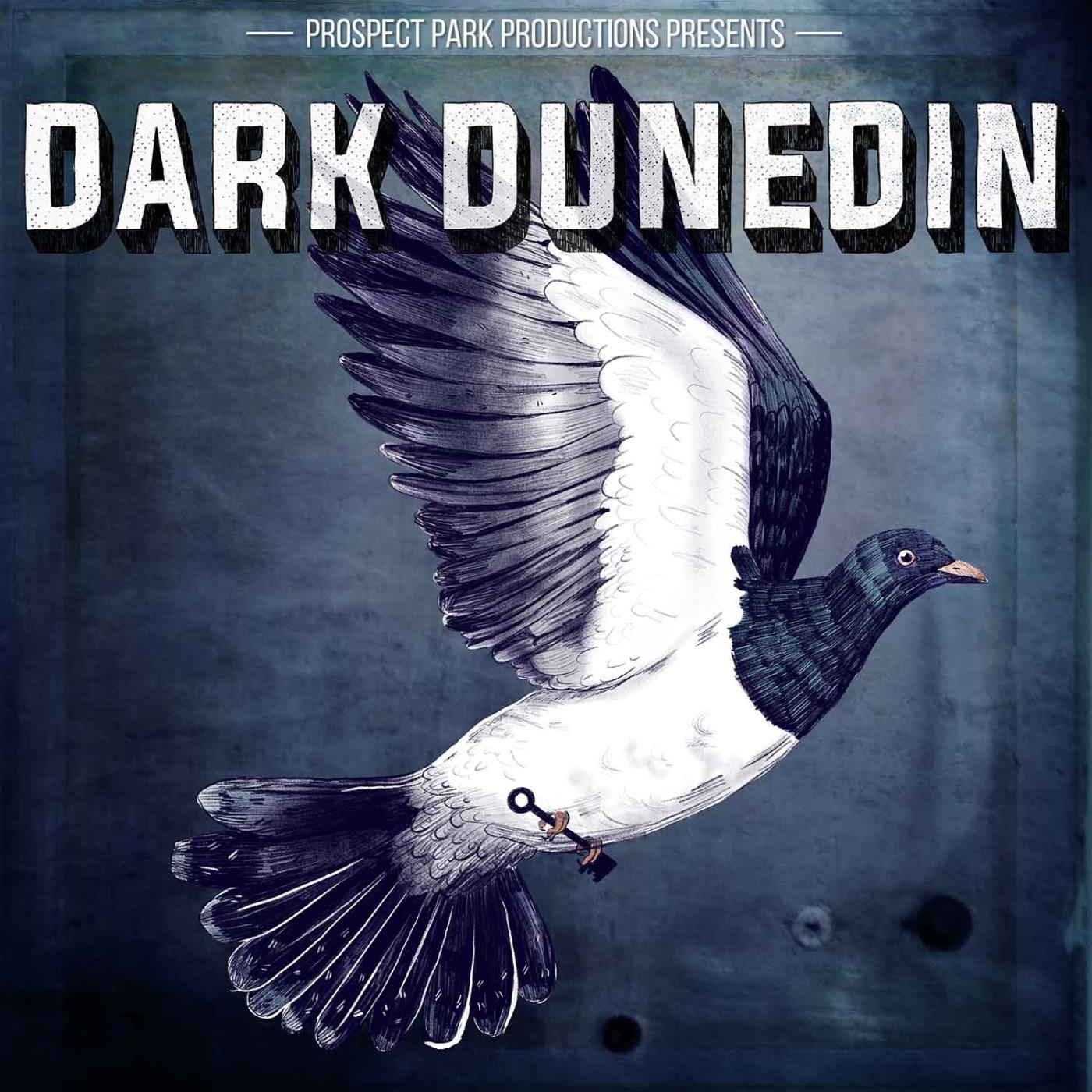 Dark Dunedin Podcast Image featuring an illustrated Kererū in flight