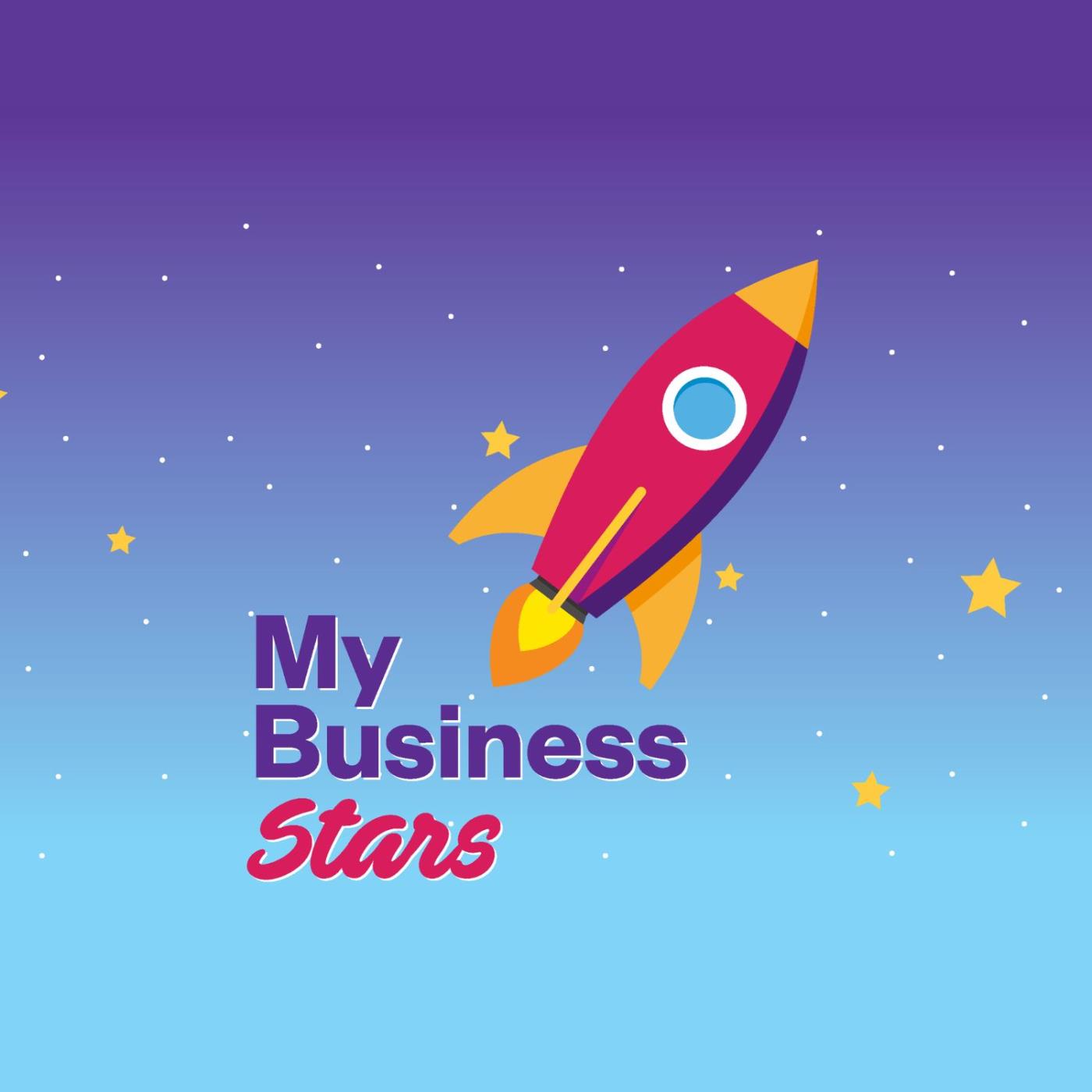 My Business Stars Podacst Image featuring a cartoon rocket