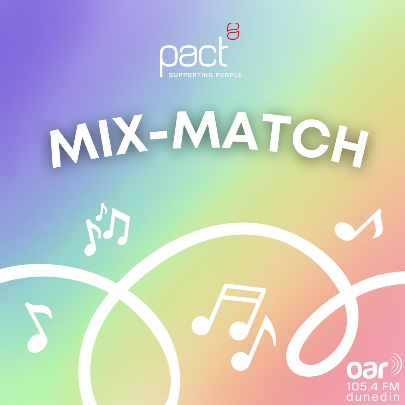 Mix Match Podcast Logo featureing music notes on an pastel rainbow background.