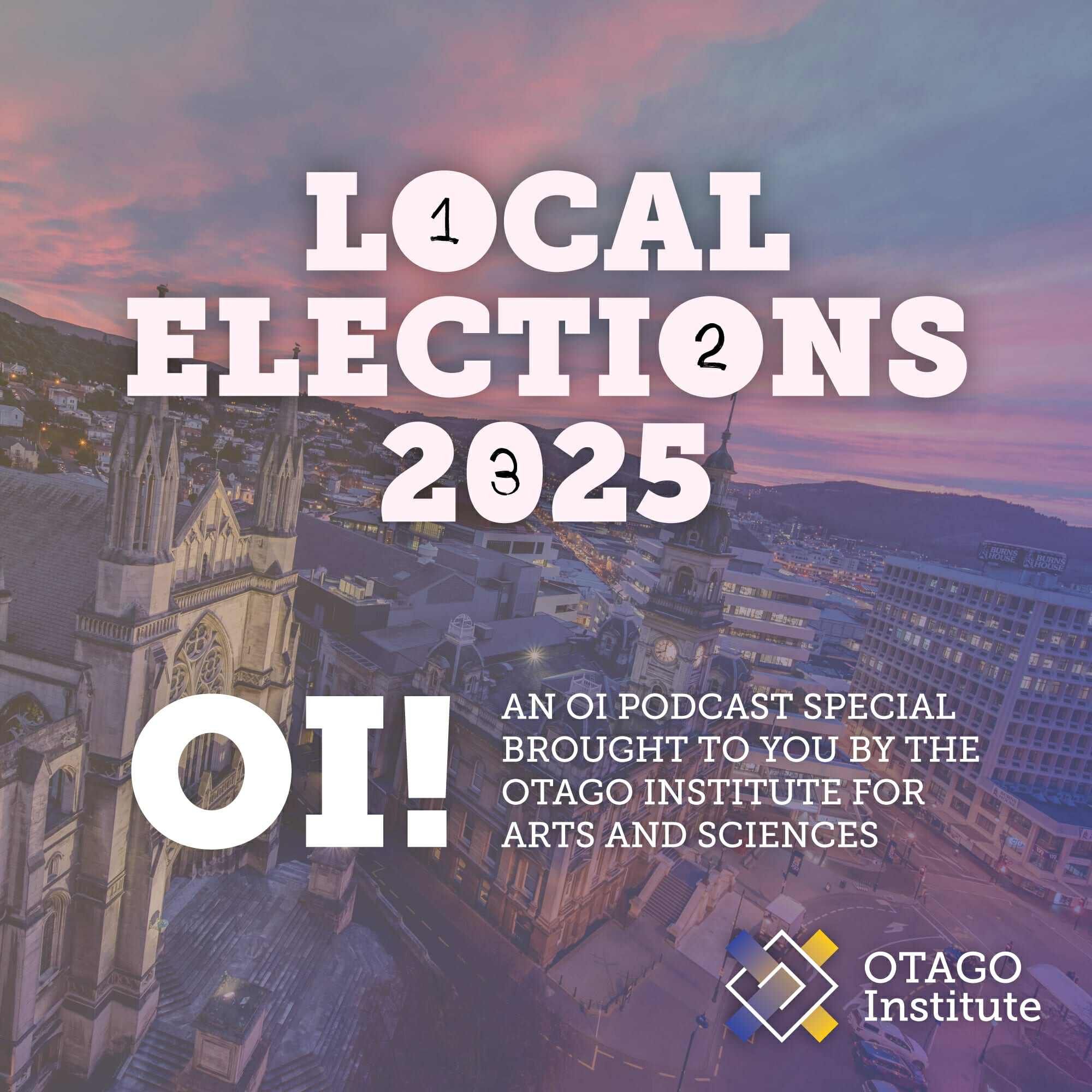 Podcast image for The OI Podcast Local Elections 2025 Special, featuring a photo flying over the Octagon