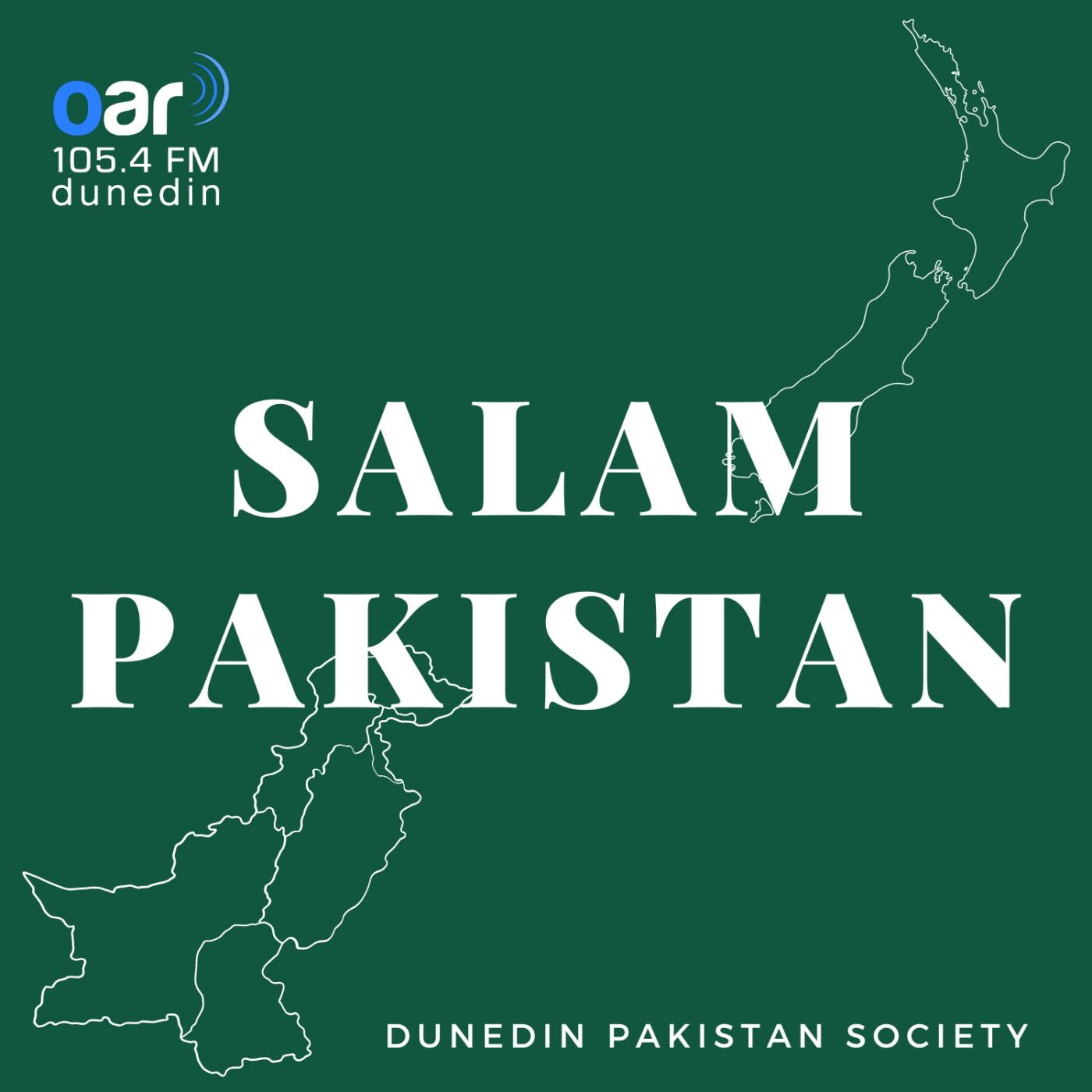 Salam Pakistan Podcast Image featuring an outline of New Zealand and Pakistan on a green background