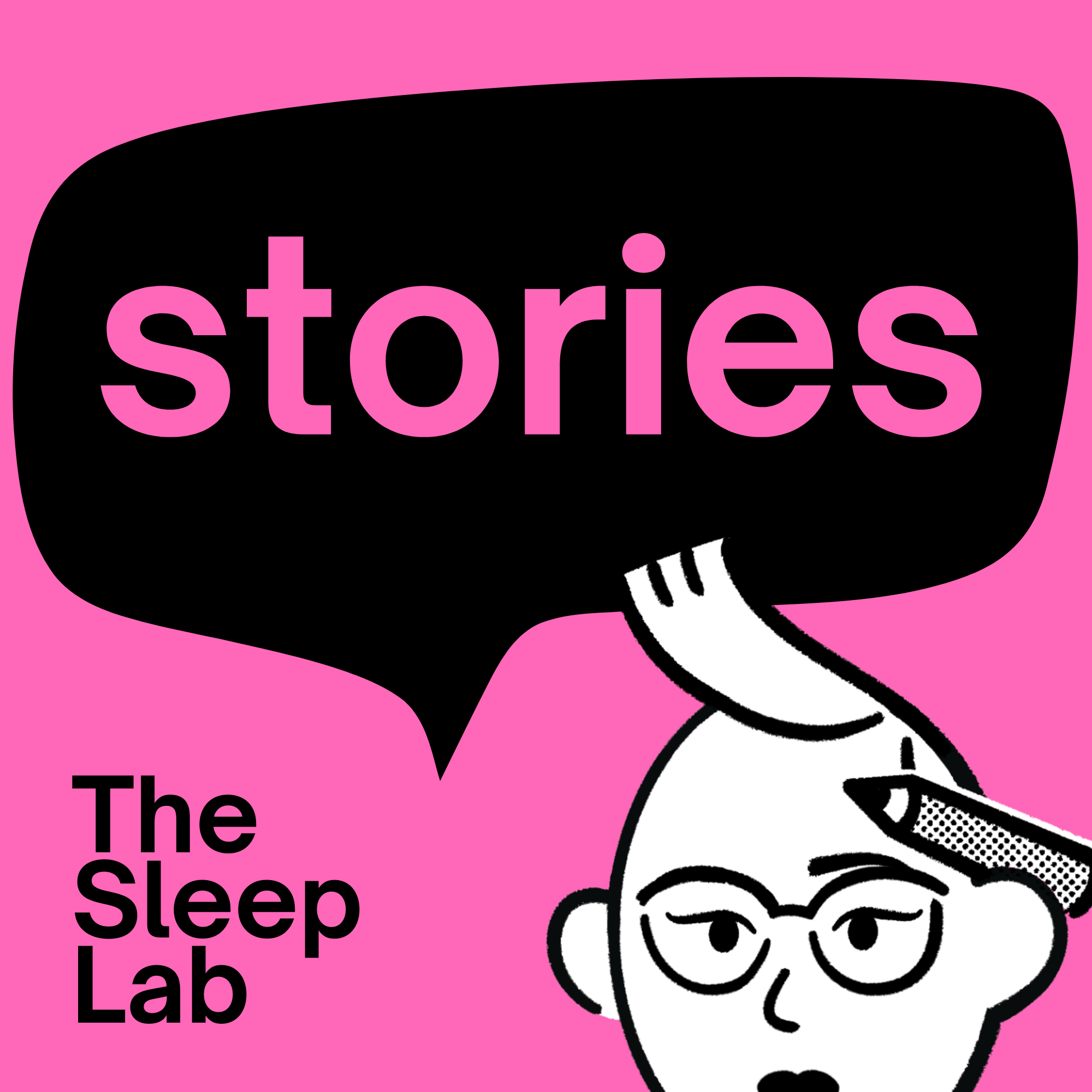Podcast image for The Sleep Lab Stories. Pink background with an illustration of Liesel