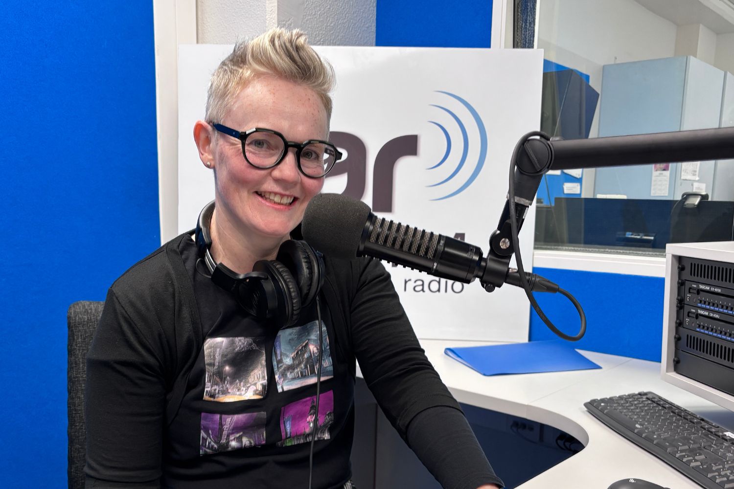 Liesel Mitchell, host of The Sleep Lab Stories, in the OAR FM studio