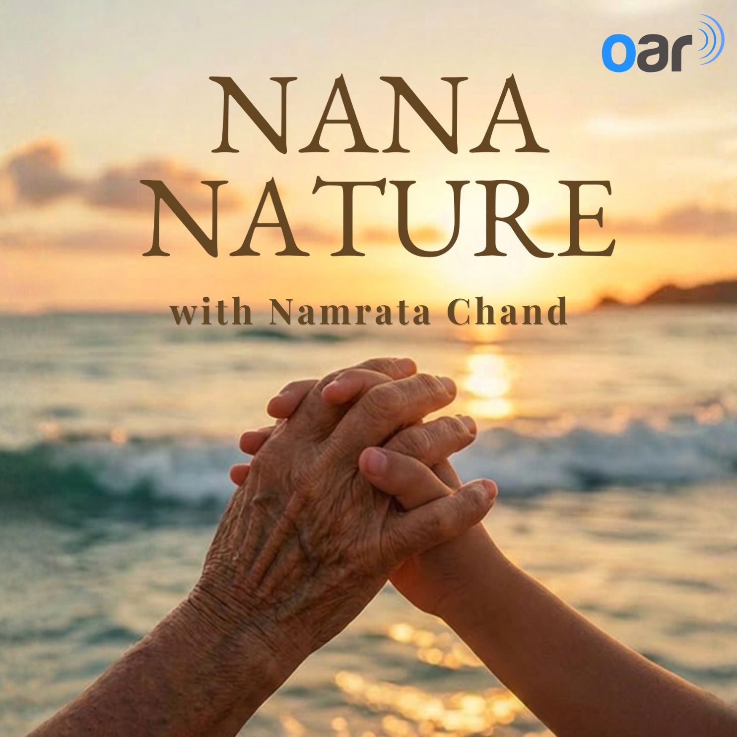 The official logo of Nana Nature with Namrata Chand, a photo of two hands coming together at the beach with the waves visible.