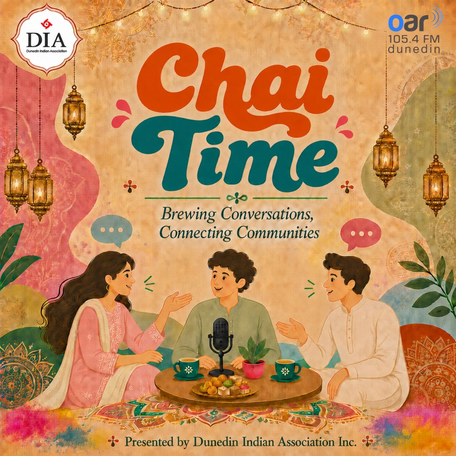 Chai Time with DIA logo featuring a cartoon of three people sitting around a microphone with glasses of chai.