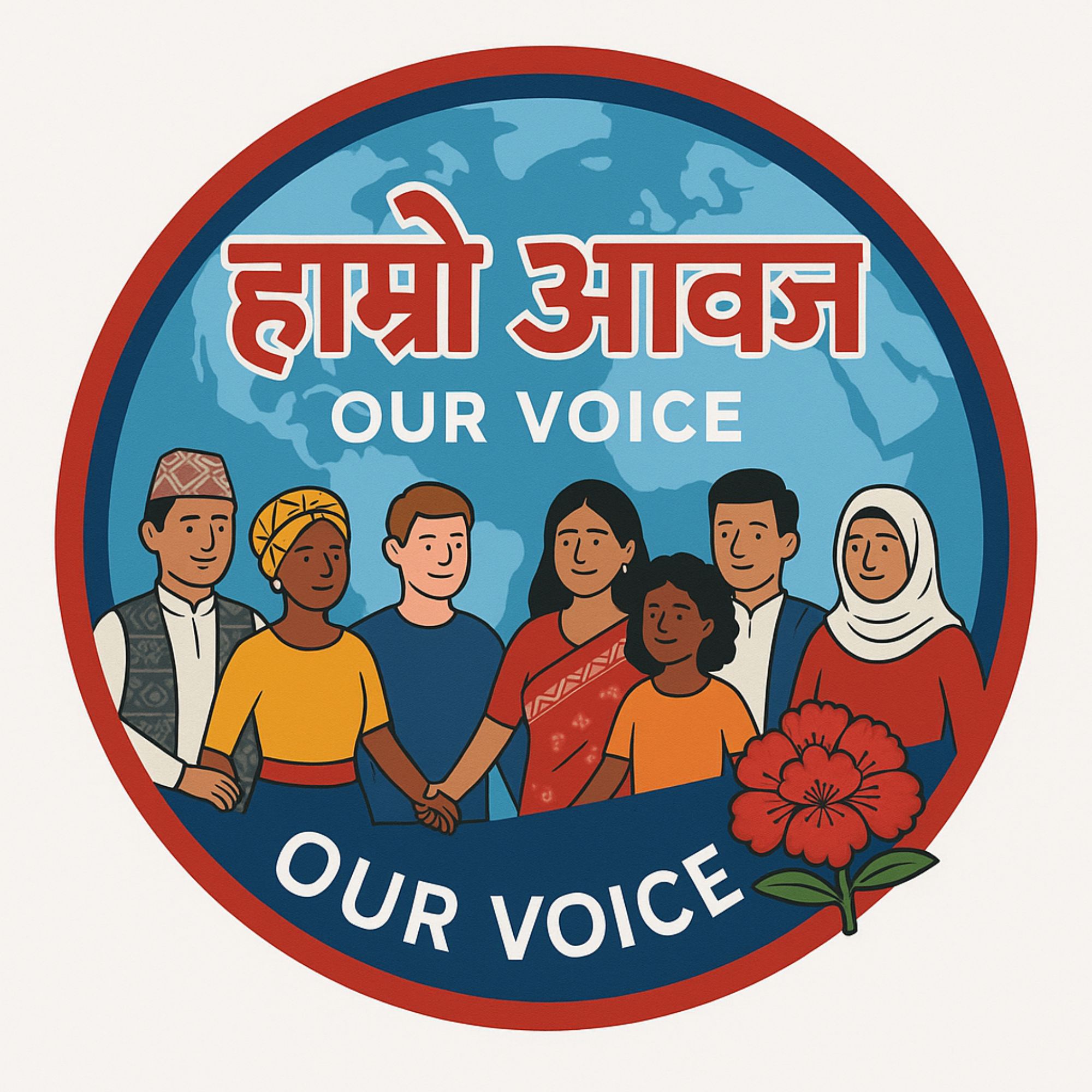 Podcast thumbnail for Hamro Awaz - Our Voice featuring a group of illustrated people in a circle frame