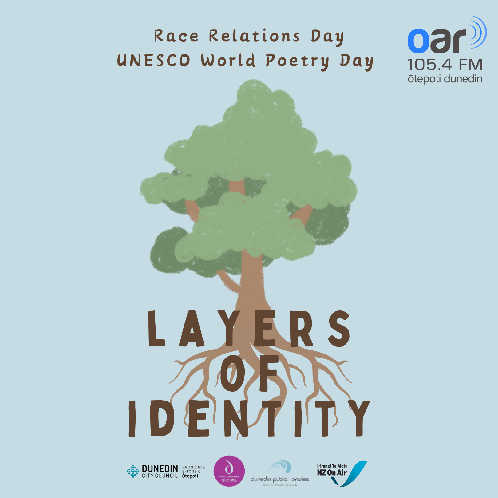 Logo for Layers of Identity Project featuring a tree with roots, with logos of the Dunedin City Council, Dunedin UNESCO City of Literature, Dunedin Public Libraries and NZ on Air.