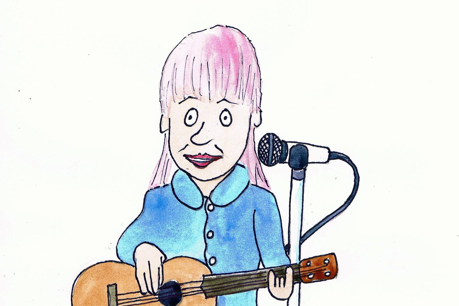 Julie playing the ukulele at Hutton Theatre in Dunedin painted by Ron Esplin