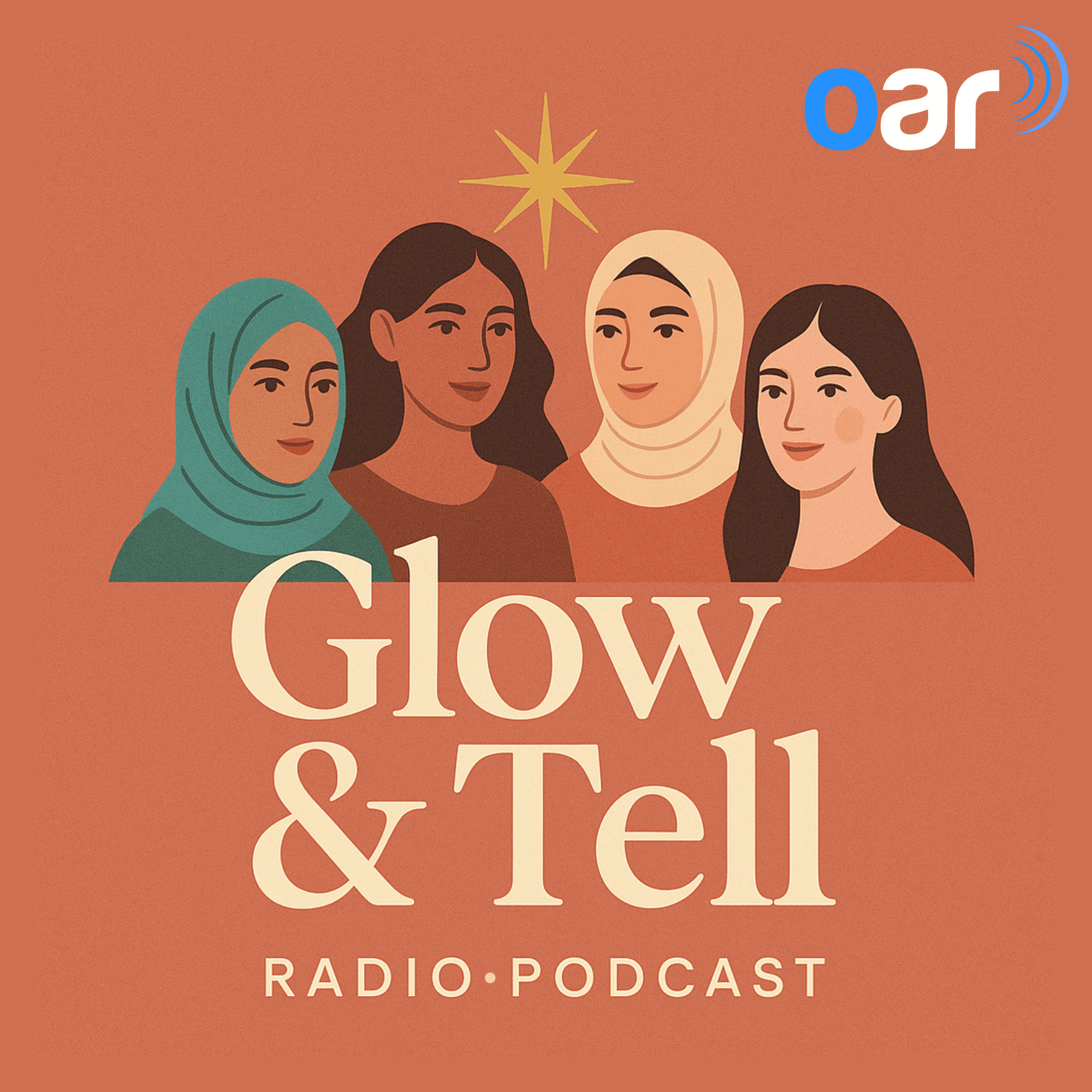 A logo with Glow and Tell Radio Podcast words with four women in the background.