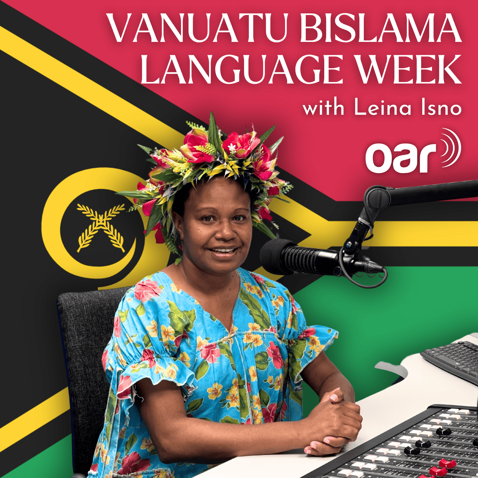 Leina Isno infront of a microphone with a Vanuatu flag at the back, with words Vanuatu Bislama Language Week.