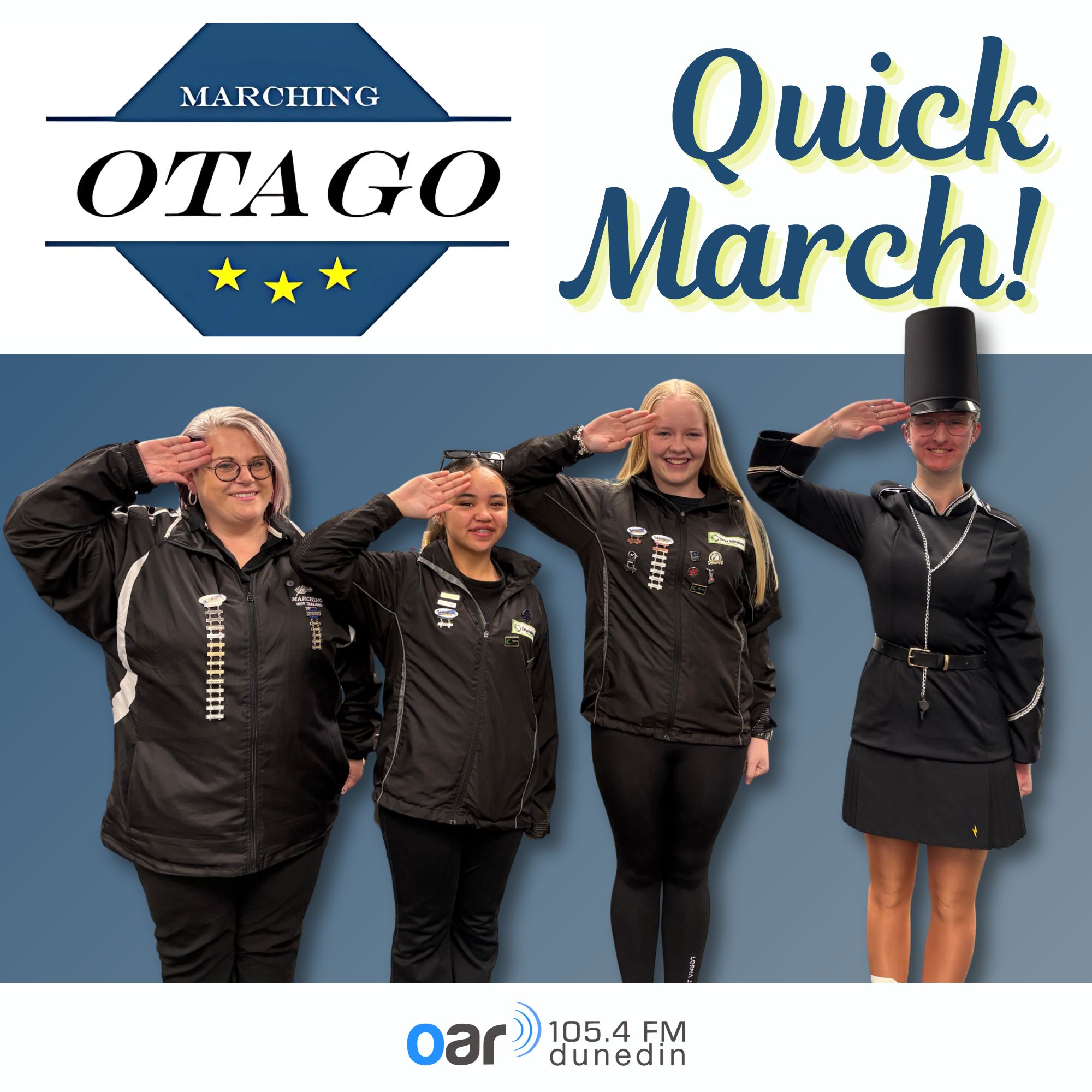 Quick March Podcast Image featuring members of Marching Otago in Uniform