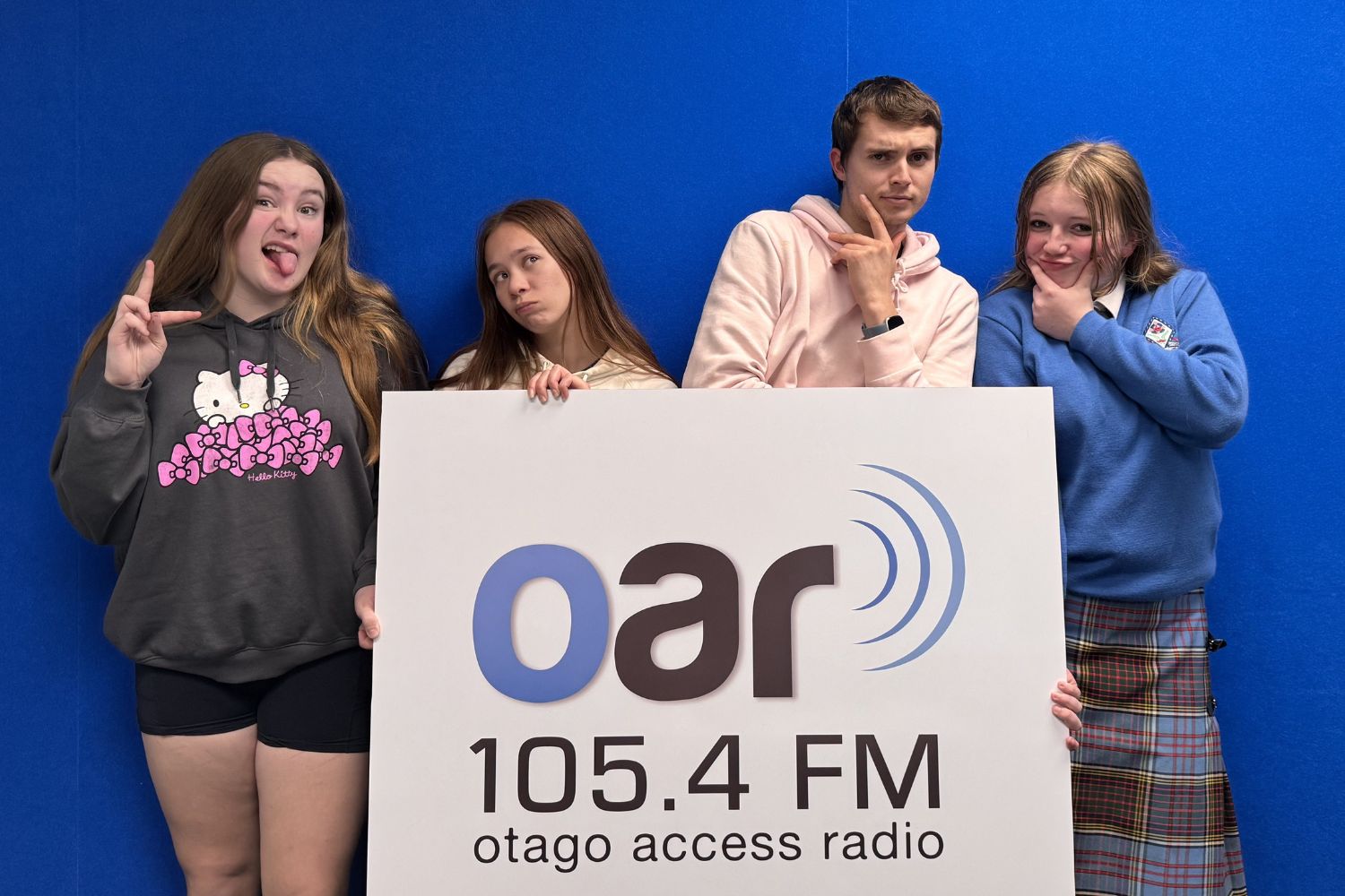 Photo OAR FM’s Greater Green Island Youth Podcast hosts are (from left) Kaitiaki Norman-Pere, 13, Brianna Le, 22, Noah Scott, 23, and Ruby-Mae Inch, 13.