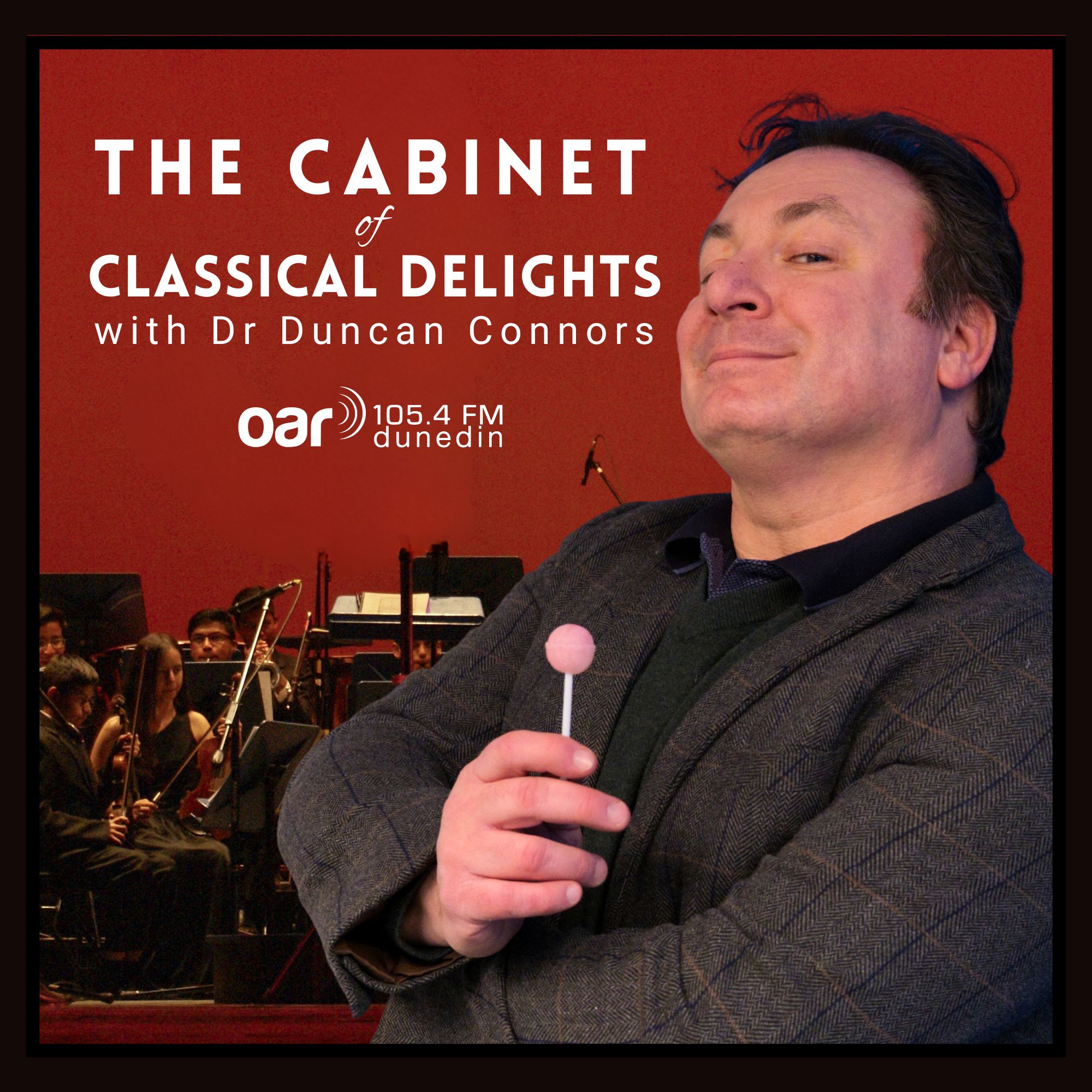 The podcast image for The Cabinet of Classical Delights. Featuring an image of an orchestra with a red background and Duncan with a lollipop