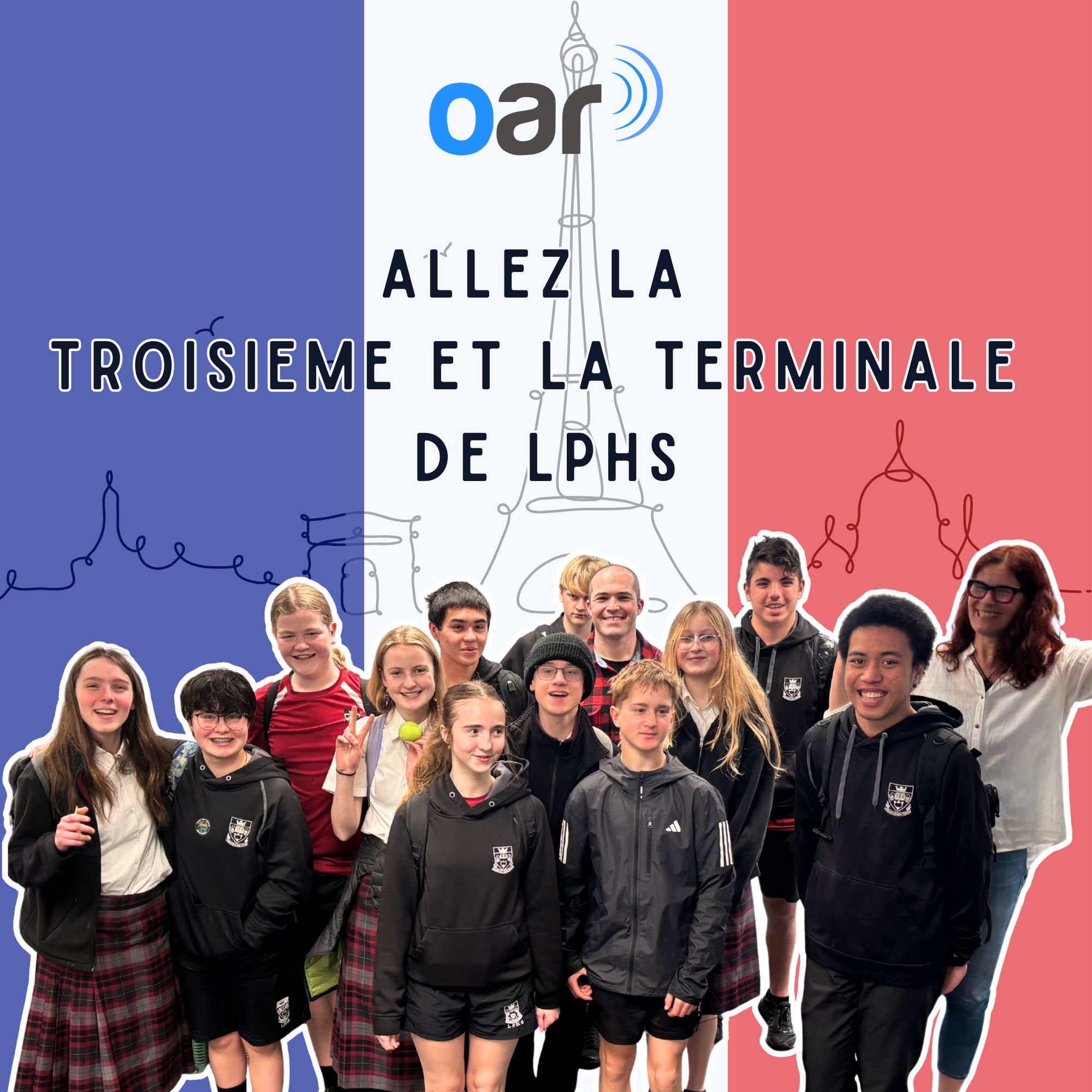 Podcast tile for Logan Park High School French Class Podcasts. Features a group photo of the students and teachers in front of the French flag.