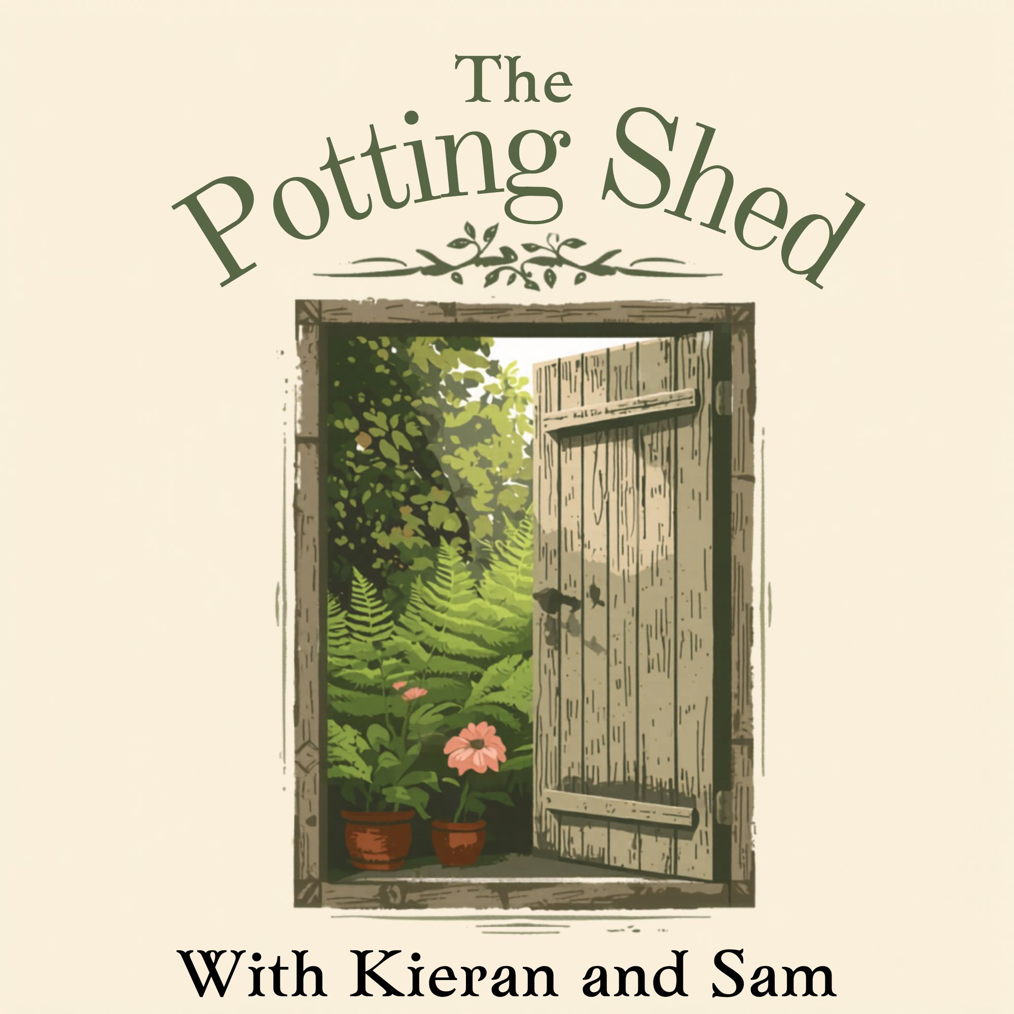 The Potting Shed Podcast Logo featuring an illustrated garden shed door