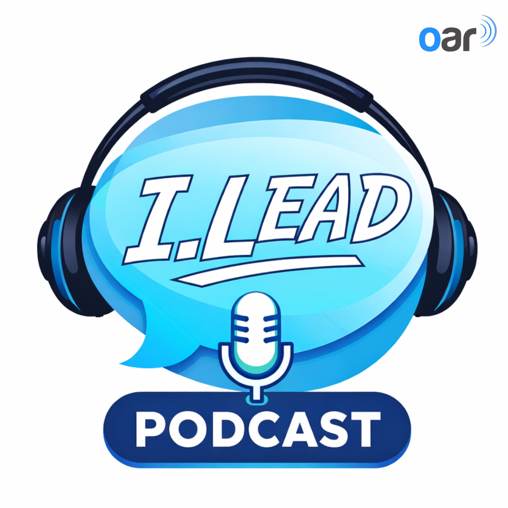the I Lead Podcast logo featuring a blue speech bubble with heaphones.