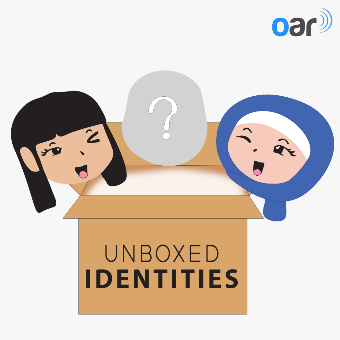 A logo image of Unboxed Identities, two girls, one hijabi, coming outside a box.