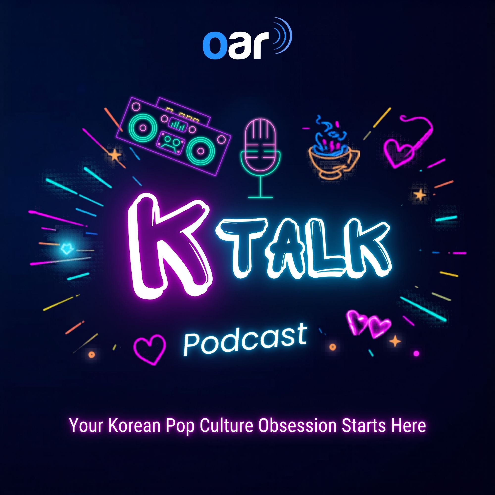 The logo for K-talk Podcast with the words Your Korean Pop Culture Obsession Starts Here