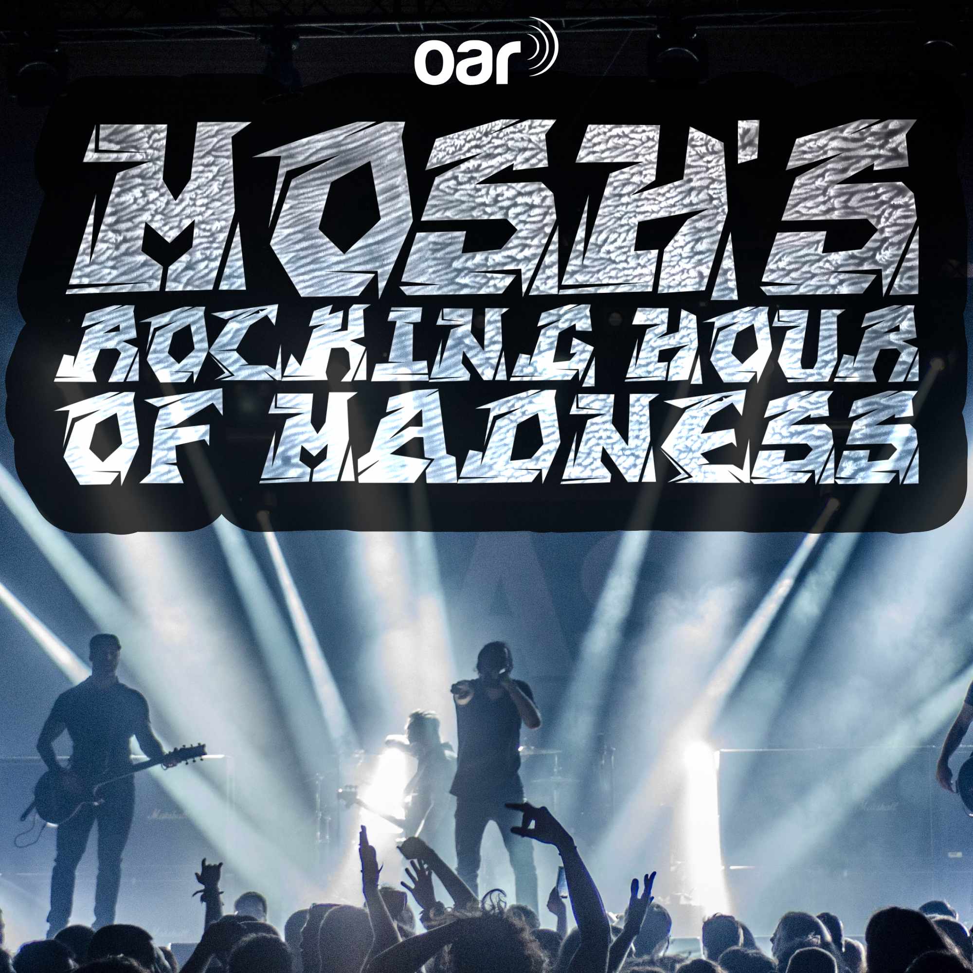 Mosh's Rockin Hour of Madness Podcast Image. Featuring a band with stage lights behind them.