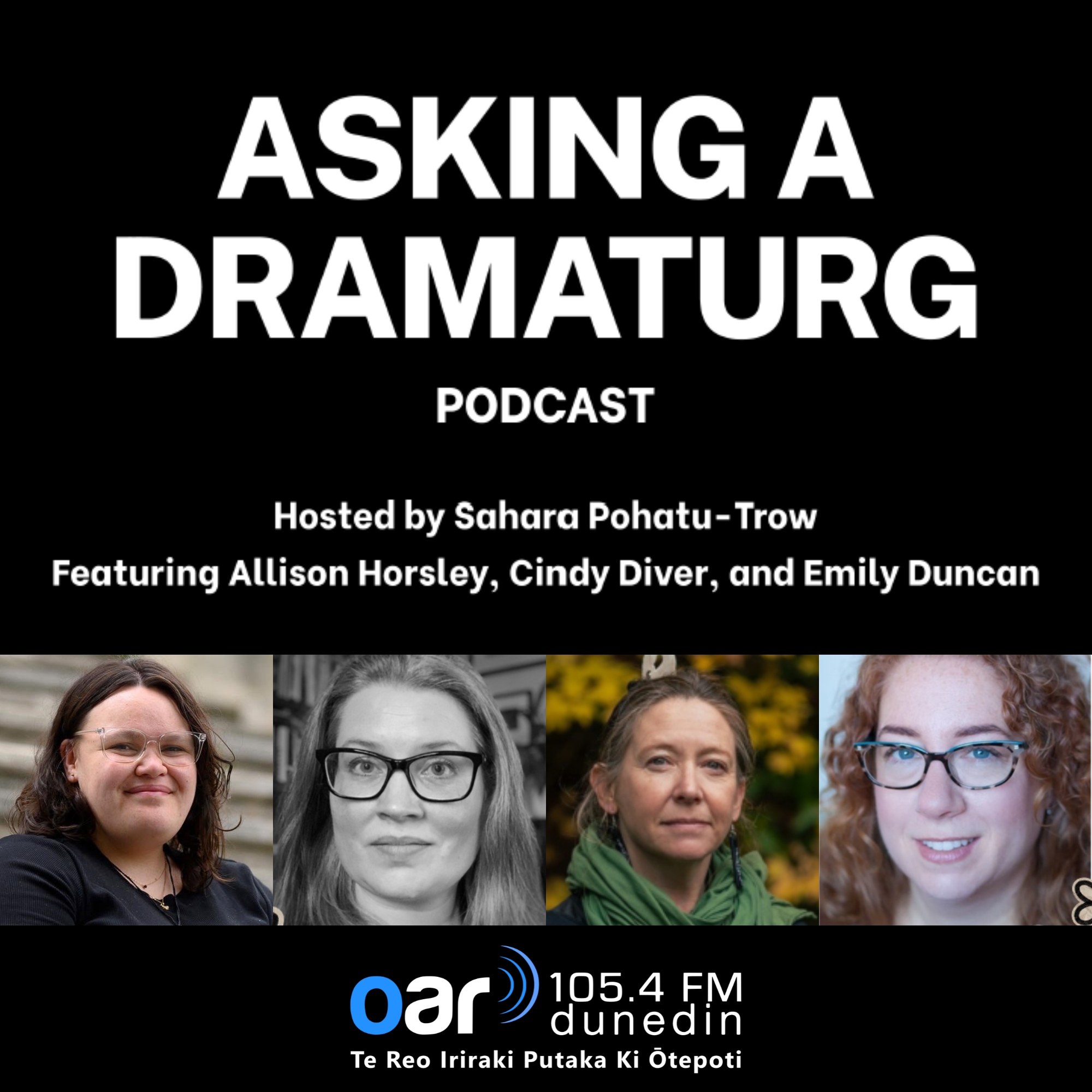 Podcast image for the Asking A Dramaturg Podcast featuring photos of Sahara, Emily, Cindy and Allison