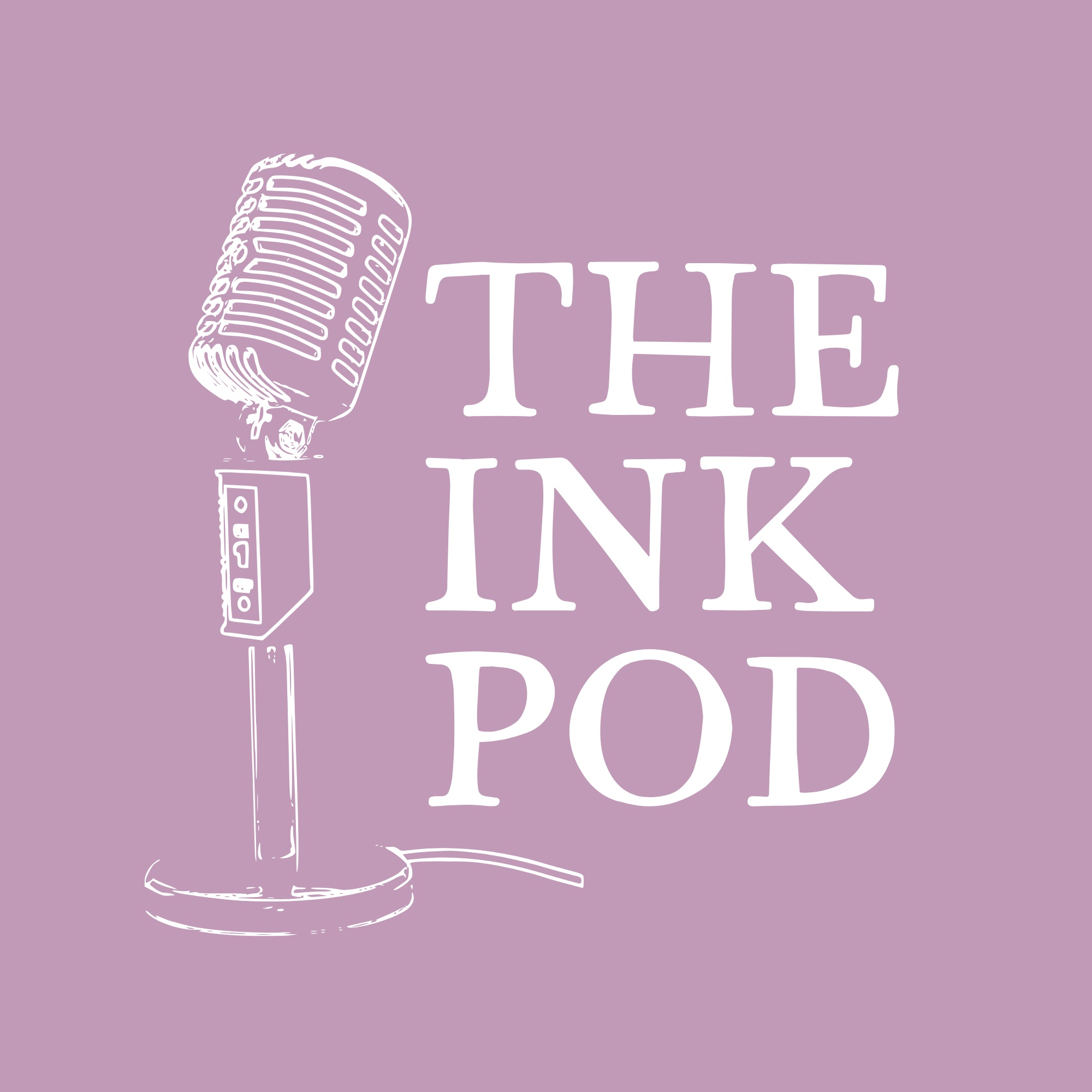 The Ink Pot Podcast Image featuring an illustrated microphone on a dusty pink background.